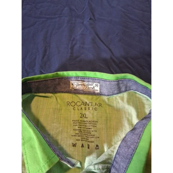 Rocawear Mens 2XL Green Striped Short Sleeve Button Up Shirt Cotton Slub Poplin - Picture 4 of 6